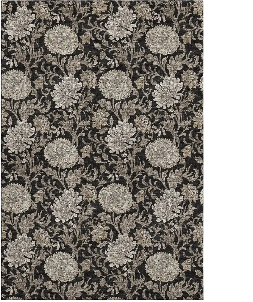 Black And Beige Floral Washable Area Rug With UV Protection Photo 2