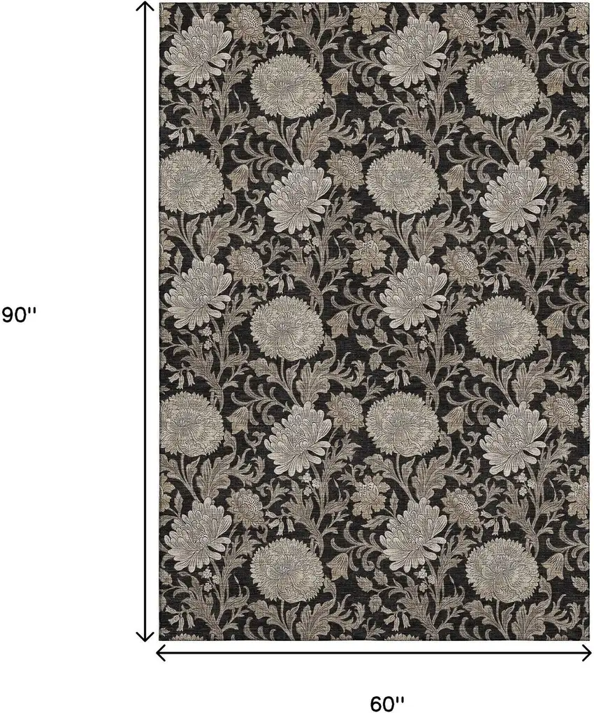 Black And Beige Floral Washable Area Rug With UV Protection Photo 3
