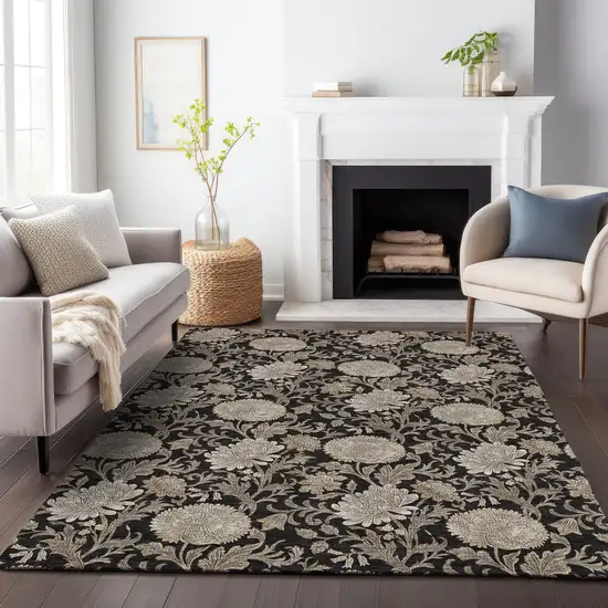 Black And Beige Floral Washable Area Rug With UV Protection Photo 5