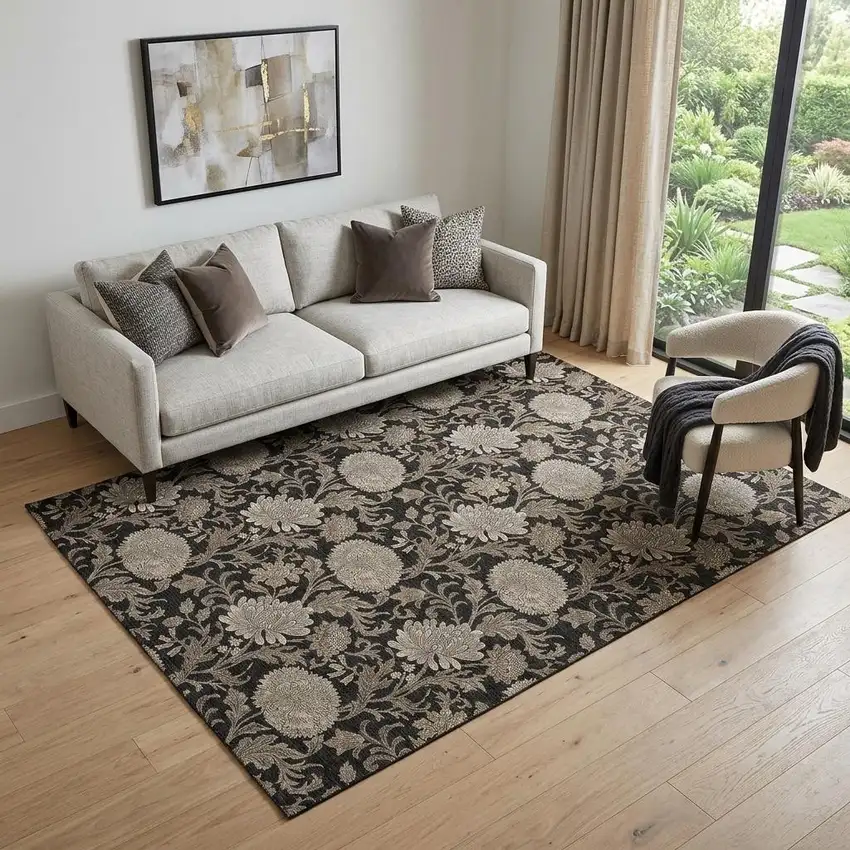 Black And Beige Floral Washable Area Rug With UV Protection Photo 1