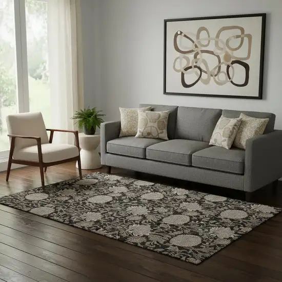 Black And Beige Floral Washable Area Rug With UV Protection Photo 1