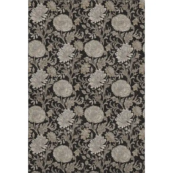 Black And Beige Floral Washable Area Rug With UV Protection Photo 2