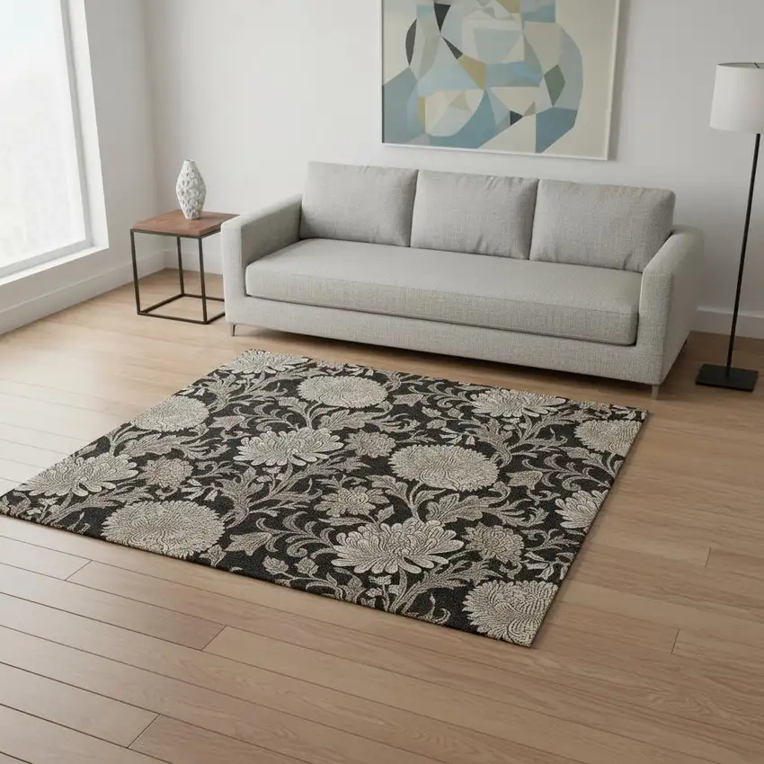 Black And Beige Floral Washable Area Rug With UV Protection Photo 1