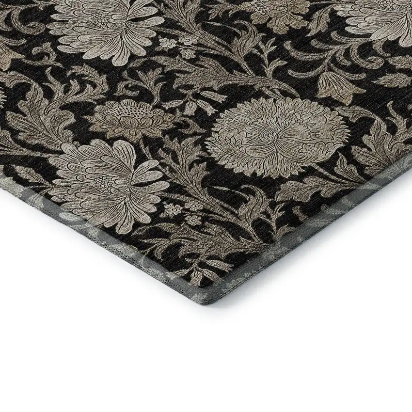 Black And Beige Floral Washable Area Rug With UV Protection Photo 7