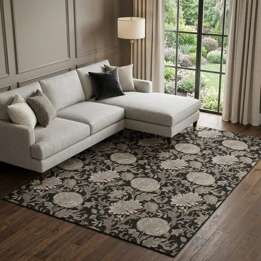 Black And Beige Floral Washable Area Rug With UV Protection Photo 1