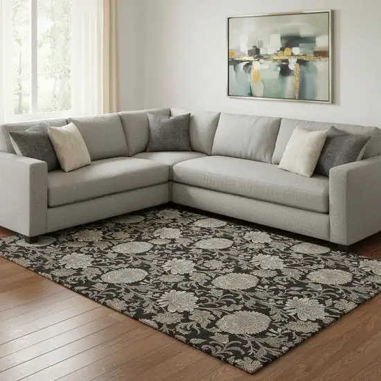 Black And Beige Floral Washable Area Rug With UV Protection Photo 1