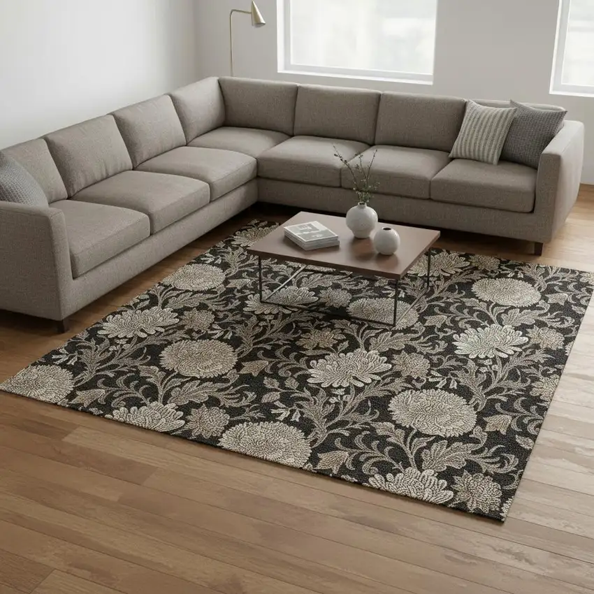 Black And Beige Floral Washable Area Rug With UV Protection Photo 1