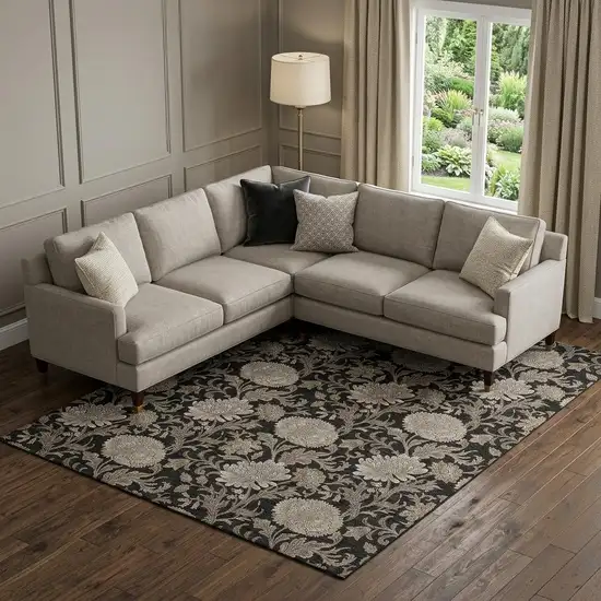 Black And Beige Floral Washable Area Rug With UV Protection Photo 1