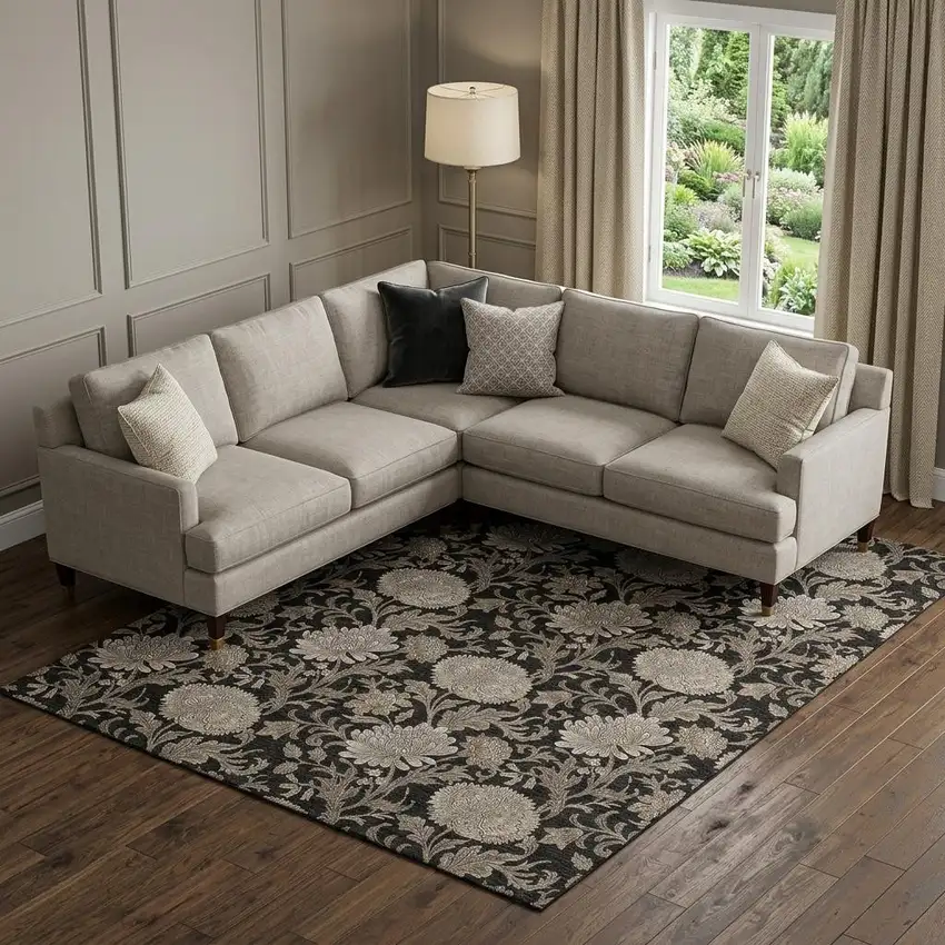 Black And Beige Floral Washable Area Rug With UV Protection Photo 1