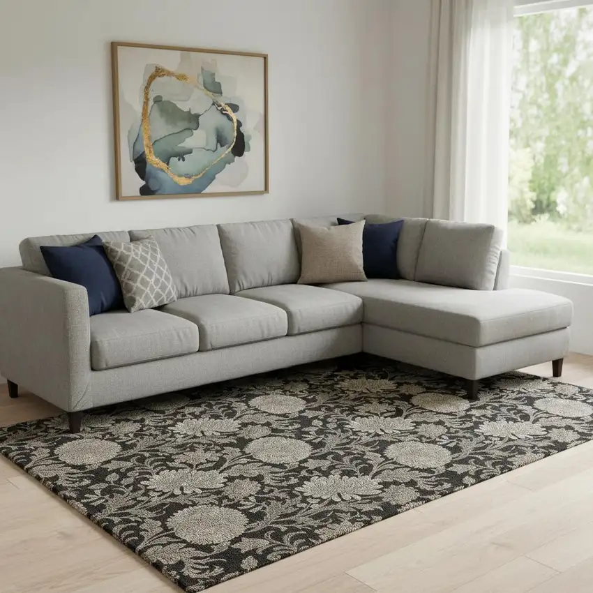 Black And Beige Floral Washable Area Rug With UV Protection Photo 1