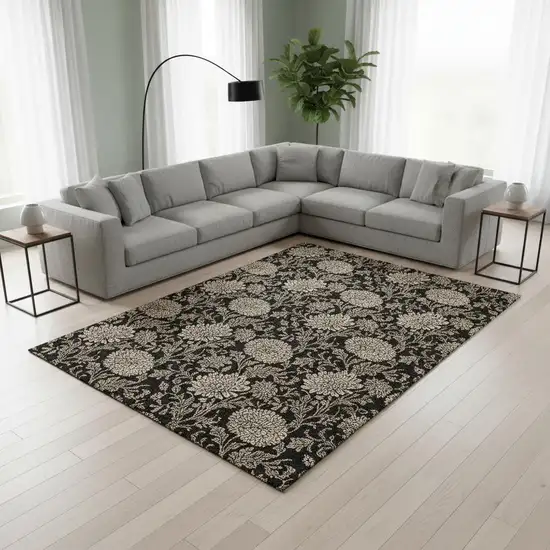Black And Beige Floral Washable Area Rug With UV Protection Photo 1