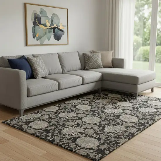 Black And Beige Floral Washable Area Rug With UV Protection Photo 1