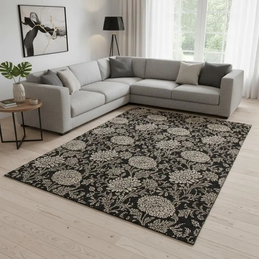 Black And Beige Floral Washable Area Rug With UV Protection Photo 1