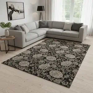 Photo of Black And Beige Floral Washable Area Rug With UV Protection
