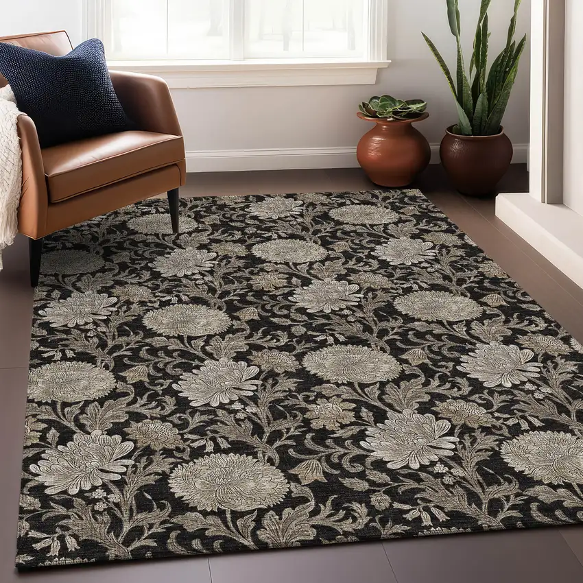 Black And Beige Floral Washable Area Rug With UV Protection Photo 6