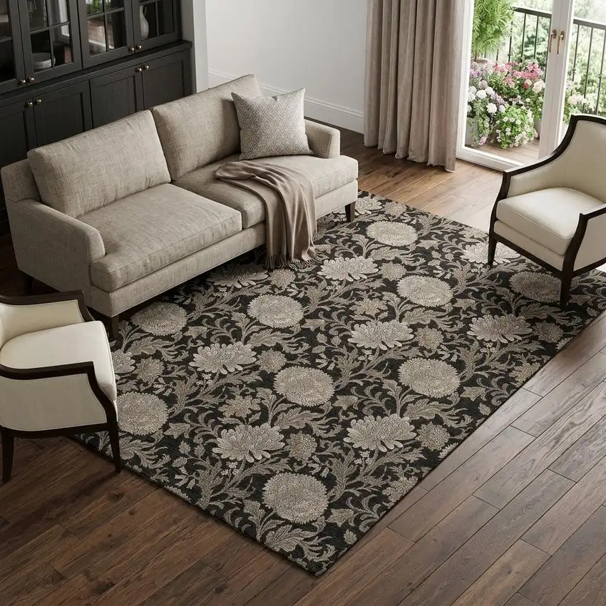 Black And Beige Floral Washable Area Rug With UV Protection Photo 1