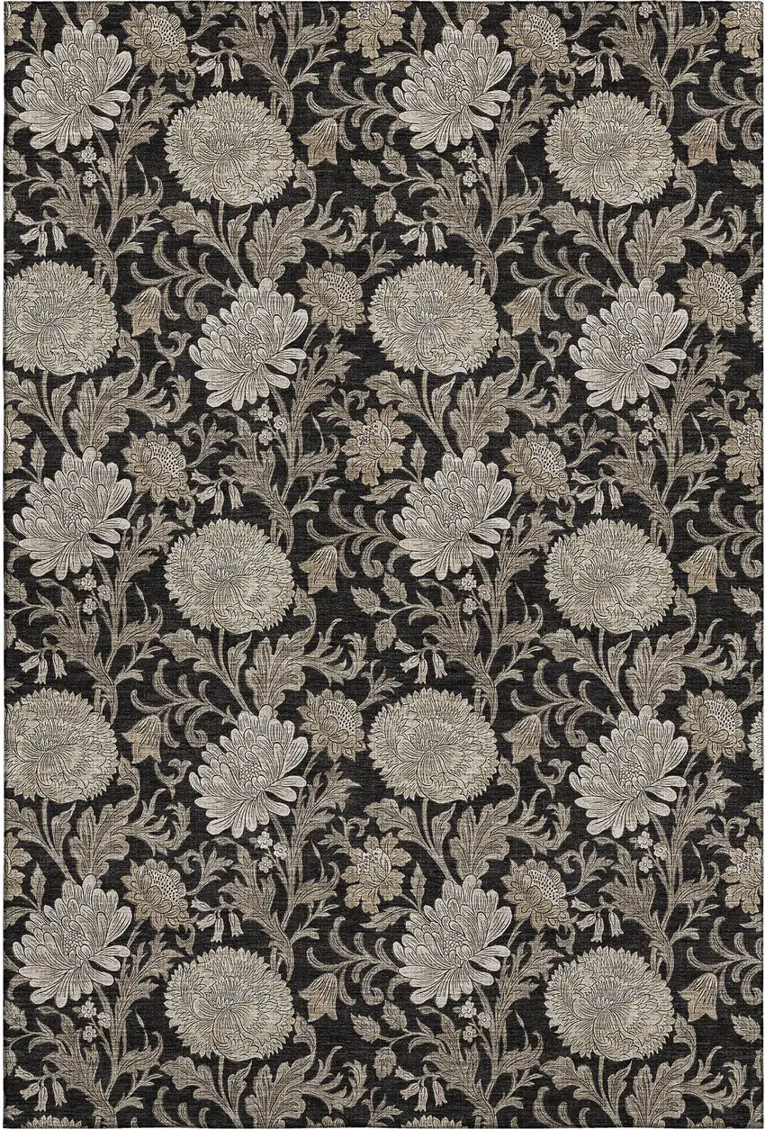 Black And Beige Floral Washable Area Rug With UV Protection Photo 2