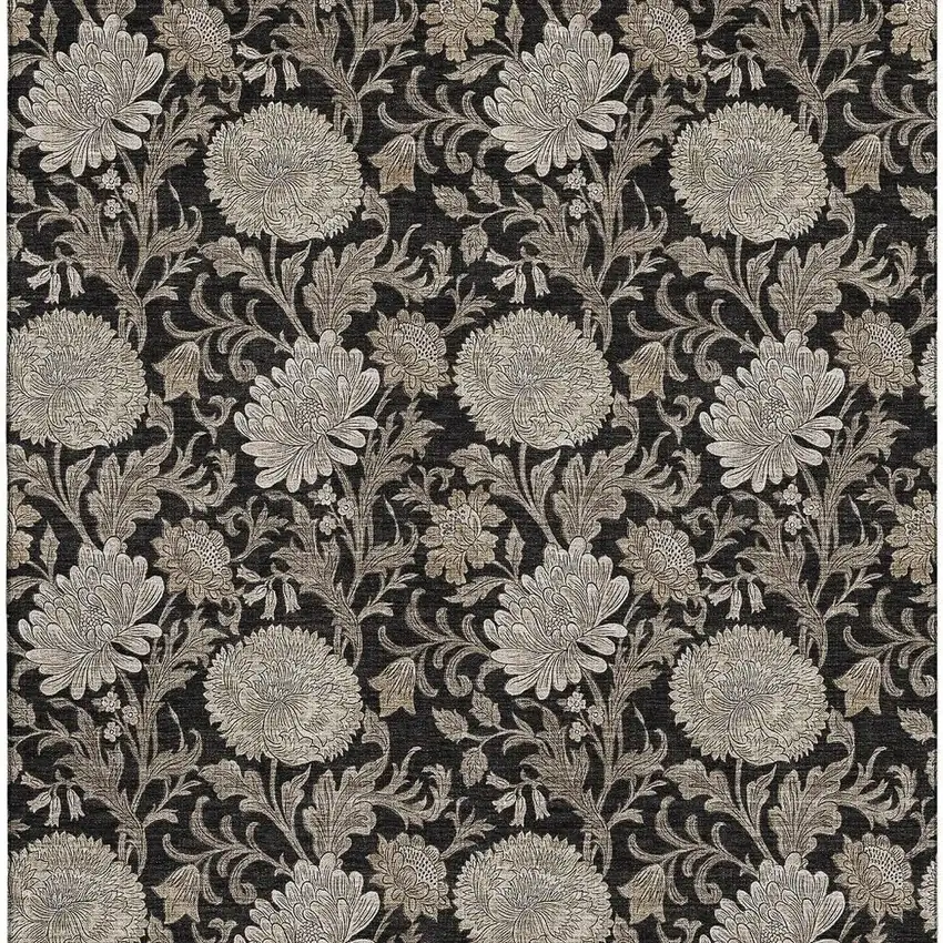 Black And Beige Floral Washable Area Rug With UV Protection Photo 4