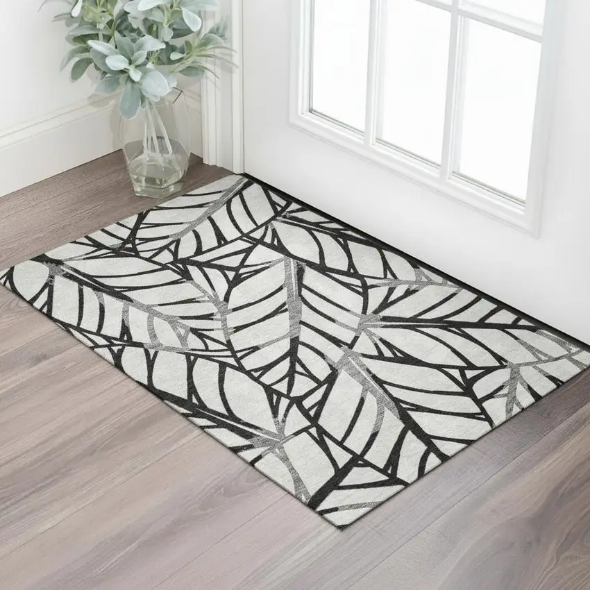 Black And Beige Floral Washable Area Rug With UV Protection Photo 1