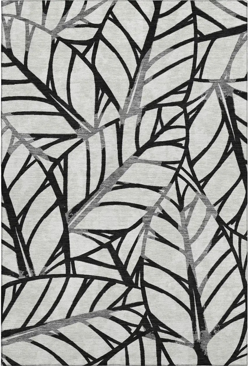 Black And Beige Floral Washable Area Rug With UV Protection Photo 1