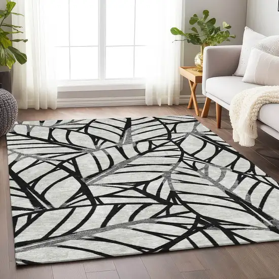 Black And Beige Floral Washable Area Rug With UV Protection Photo 5