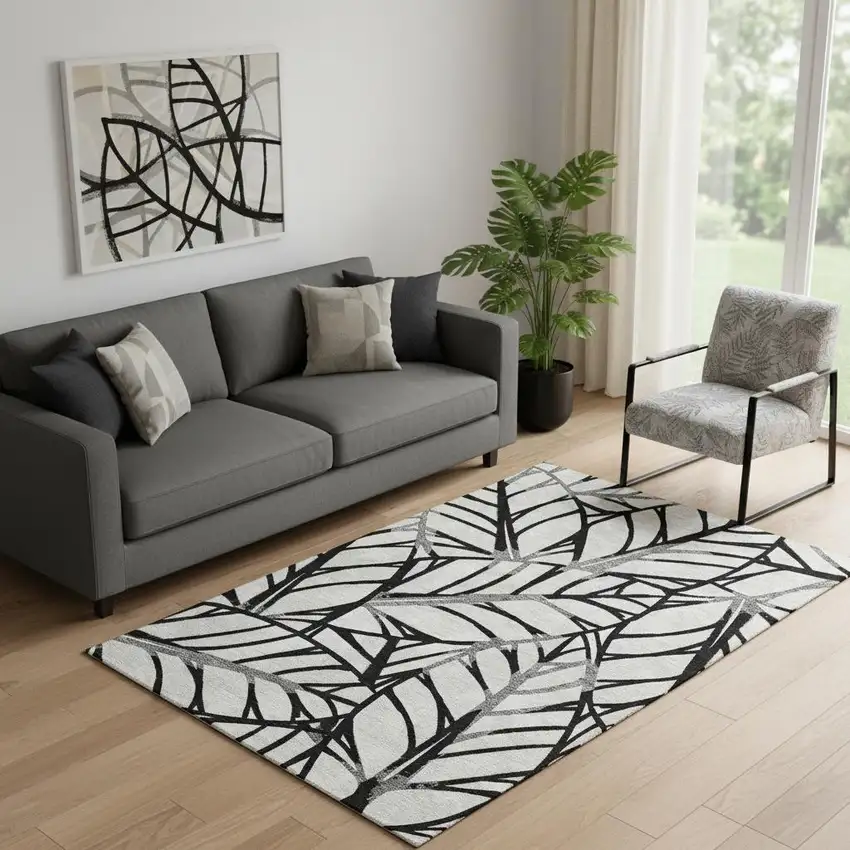 Black And Beige Floral Washable Area Rug With UV Protection Photo 1