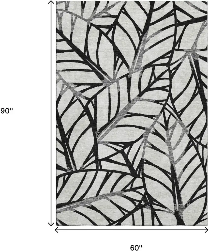 Black And Beige Floral Washable Area Rug With UV Protection Photo 3