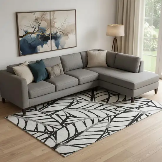 Black And Beige Floral Washable Area Rug With UV Protection Photo 1