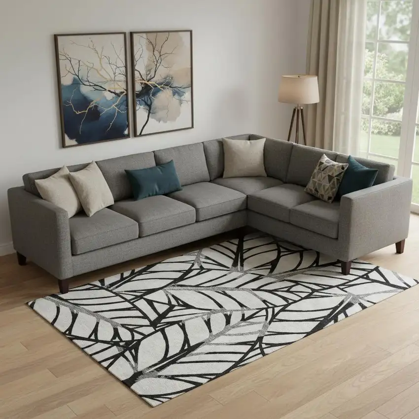 Black And Beige Floral Washable Area Rug With UV Protection Photo 1