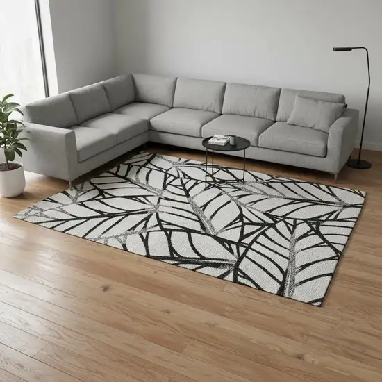 Black And Beige Floral Washable Area Rug With UV Protection Photo 2