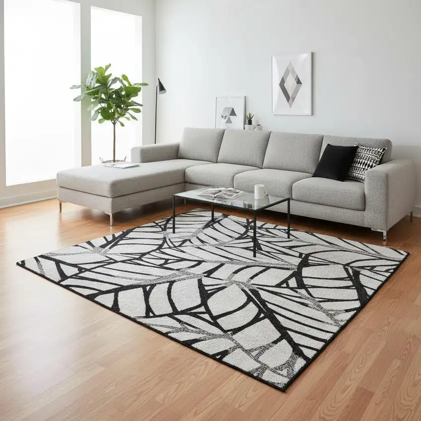 Black And Beige Floral Washable Area Rug With UV Protection Photo 2