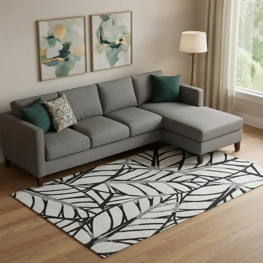 Black And Beige Floral Washable Area Rug With UV Protection Photo 1