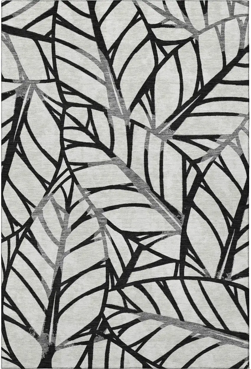 Black And Beige Floral Washable Area Rug With UV Protection Photo 4