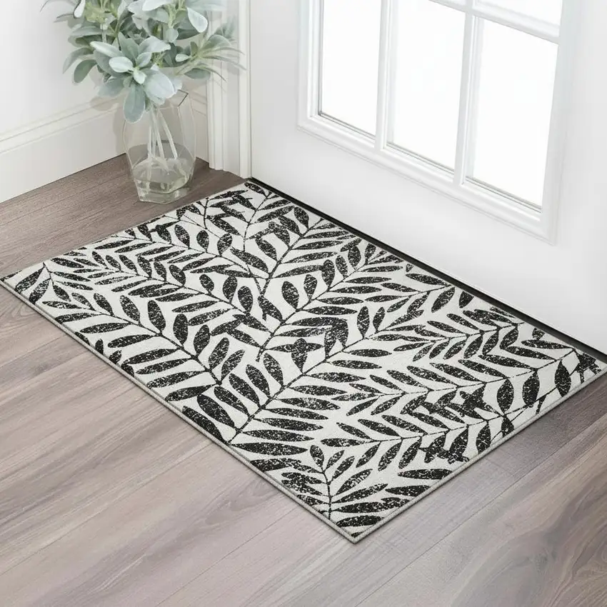 Black And Beige Floral Washable Area Rug With UV Protection Photo 2