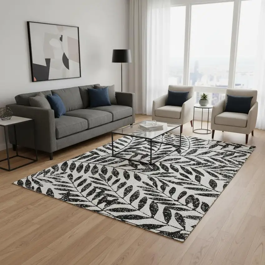 Black And Beige Floral Washable Area Rug With UV Protection Photo 2