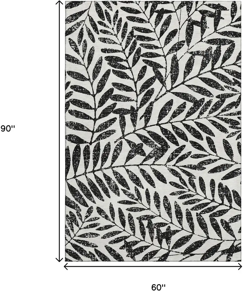 Black And Beige Floral Washable Area Rug With UV Protection Photo 9