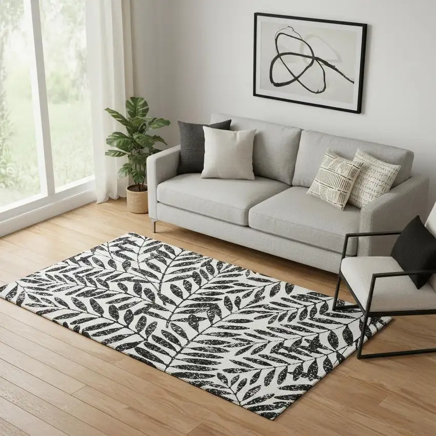 Black And Beige Floral Washable Area Rug With UV Protection Photo 1