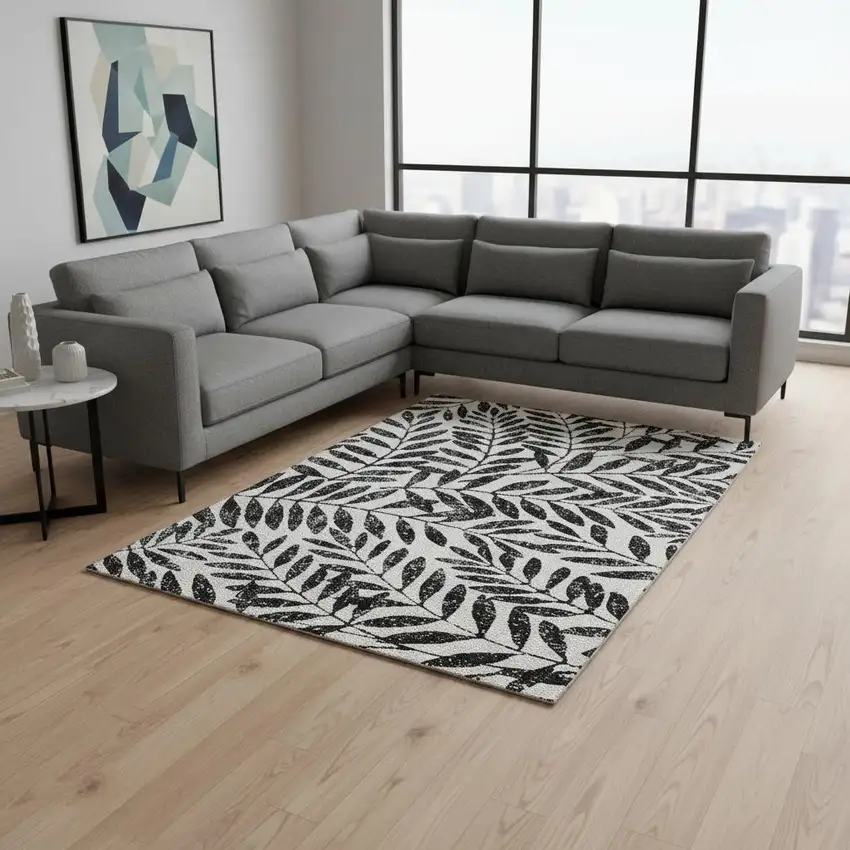 Black And Beige Floral Washable Area Rug With UV Protection Photo 2