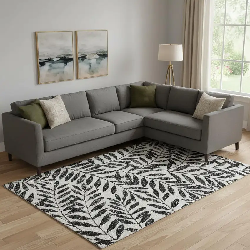 Black And Beige Floral Washable Area Rug With UV Protection Photo 1