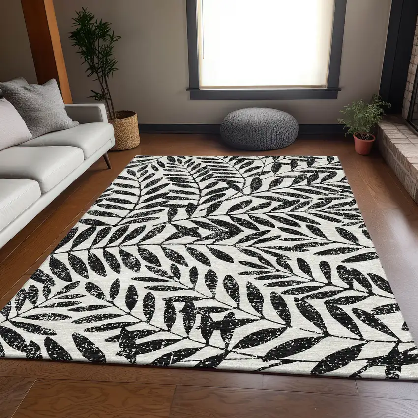 Black And Beige Floral Washable Area Rug With UV Protection Photo 6