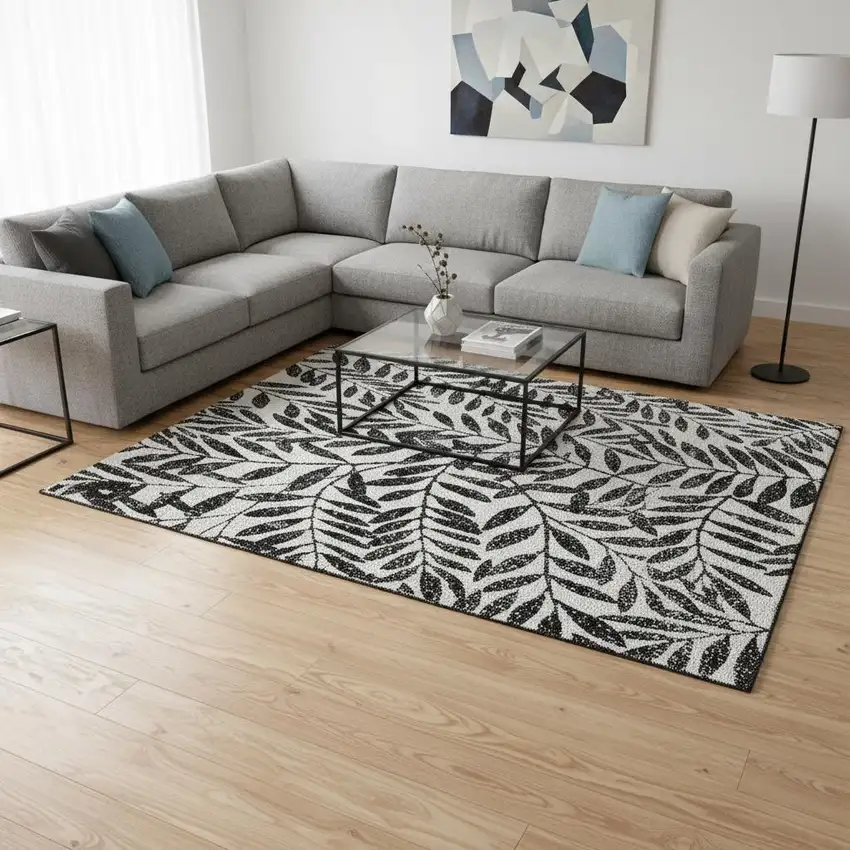 Black And Beige Floral Washable Area Rug With UV Protection Photo 2