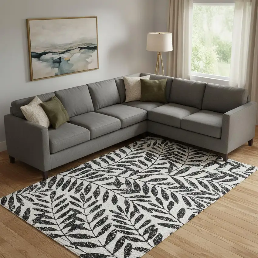 Black And Beige Floral Washable Area Rug With UV Protection Photo 1