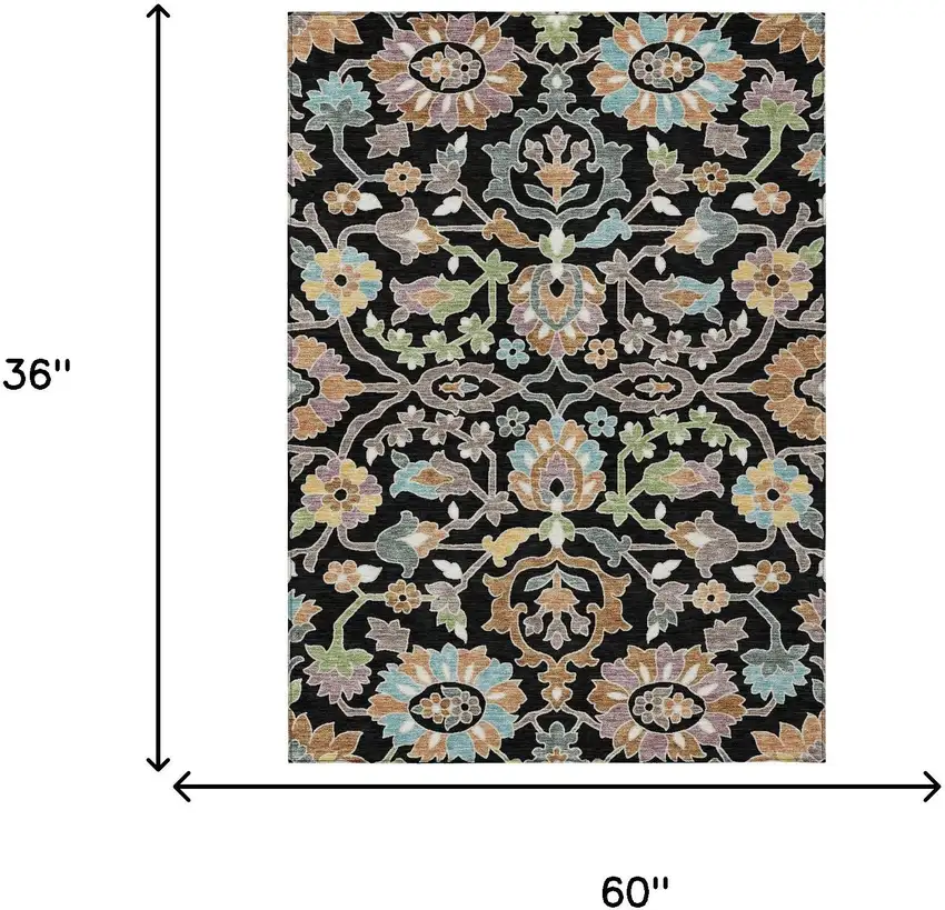 Black And Beige Floral Washable Indoor Outdoor Area Rug Photo 4