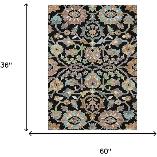 Black And Beige Floral Washable Indoor Outdoor Area Rug Photo 4