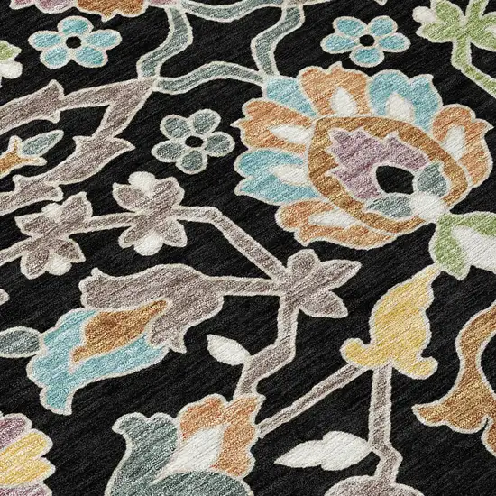 Black And Beige Floral Washable Indoor Outdoor Area Rug Photo 2