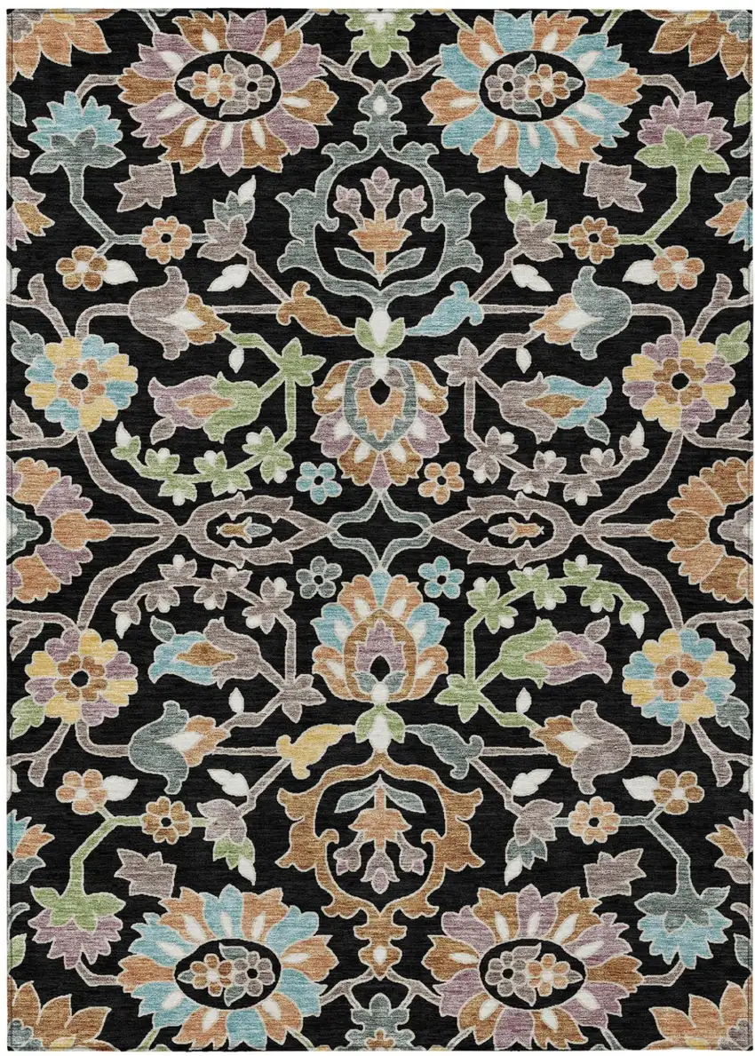 Black And Beige Floral Washable Indoor Outdoor Area Rug Photo 1