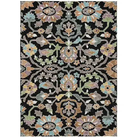 Black And Beige Floral Washable Indoor Outdoor Area Rug Photo 1