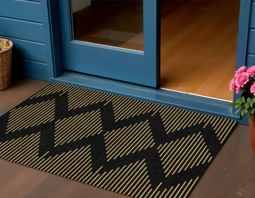 Black And Beige Geometric Washable Indoor Outdoor Area Rug Photo 1