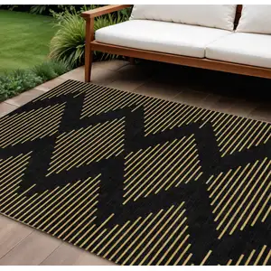 Photo of Black And Beige Geometric Washable Indoor Outdoor Area Rug