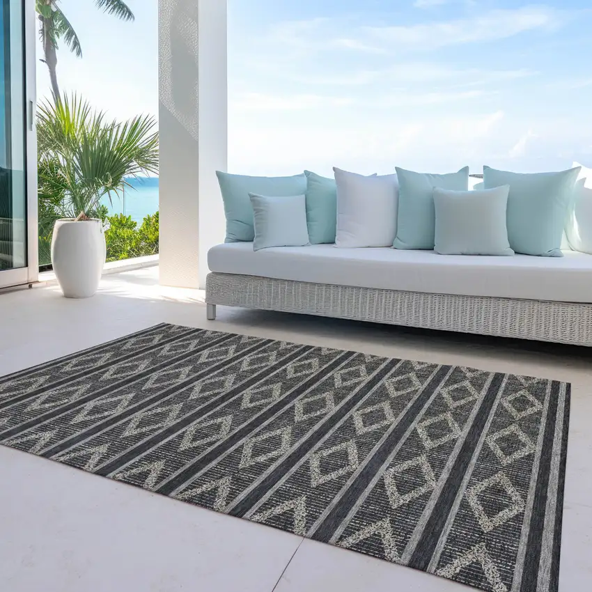 Black And Beige Geometric Washable Indoor Outdoor Area Rug Photo 9